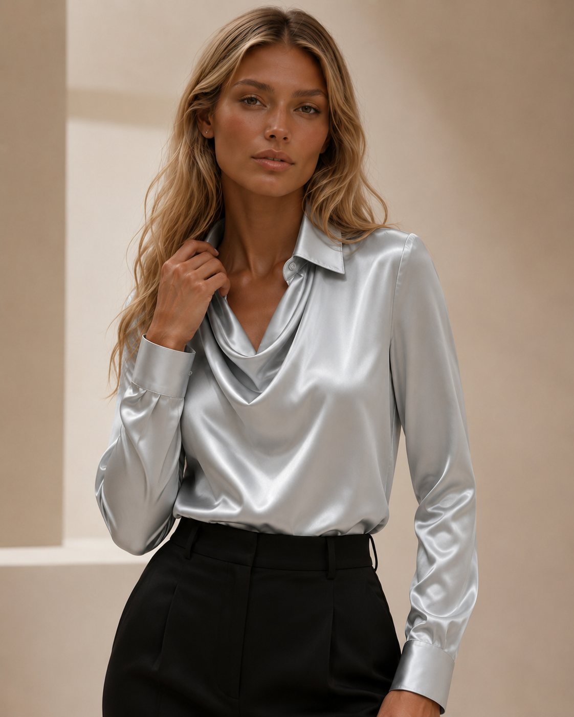 Chiara™ | Blusa satinata con scollo drappeggiato